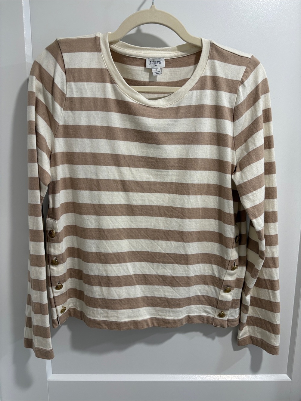 J. Crew Beige and Cream Striped Button-Side Long Sleeve Top